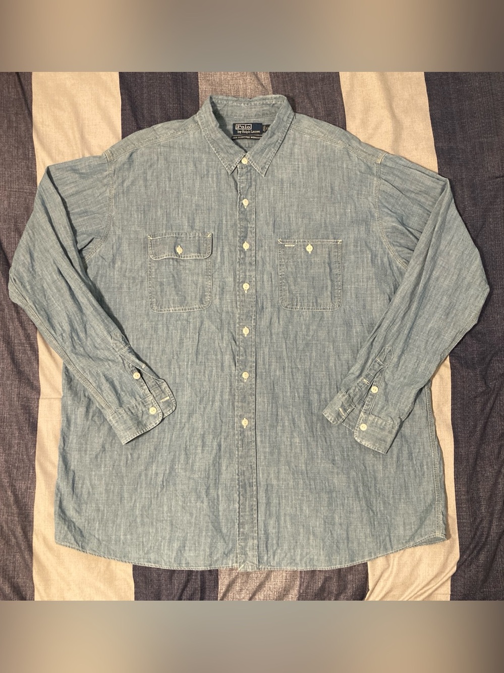 Vtg Polo RL Mens Denim Dungaree Workshirt Sz XXL Button Up L/S